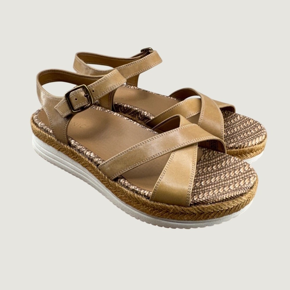 Vionic Mar Platform Sandals Size 10 Tan Leather Espadrille Boho Comfort